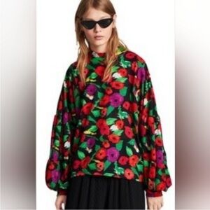 Zara Women’s Floral Print Poppy Mock Neck Long Balloon Puff Sleeve Blouse Size S